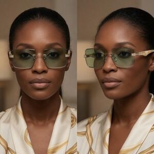 Classic Elegant Sophisticated Modern Women SUNGLASSES Rimless Green Lens Diamond